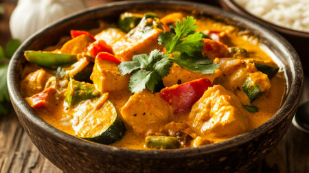 A mouth-watering chicken curry featuring fresh vegetables and aromatic spices. Perfect for hearty dinners or flavorful lunches, this dish is served with rice.の素材