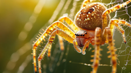A stunning close-up of a colorful spider captured in its natural habitat, revealing intricate details of its body and web, showcasing nature's beauty.の素材