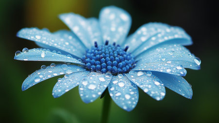 A stunning close-up of a blue flower adorned with dew drops, showcasing nature's beauty and vibrancy. This image captures the freshness and elegance of floral blooms.の素材
