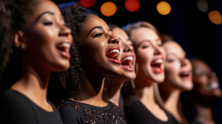 A vibrant group of women singing in unison on stage, showcasing their diversity and passion for music. The performance radiates joy and energy, captivating the audience.の素材
