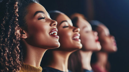 A group of diverse women singing joyfully in harmony, embodying unity and celebration. Their expressions reflect deep emotion and connection through music.の素材