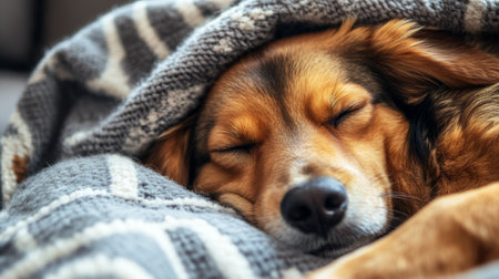 A serene and cozy scene featuring a dog peacefully sleeping under a soft blanket, radiating warmth and tranquility in a comfortable indoor setting.の素材