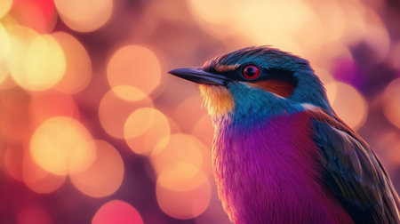 Capture the beauty of a colorful bird highlighting its vibrant plumage against a dreamy bokeh background, showcasing nature's artistry in wildlife photography.の素材