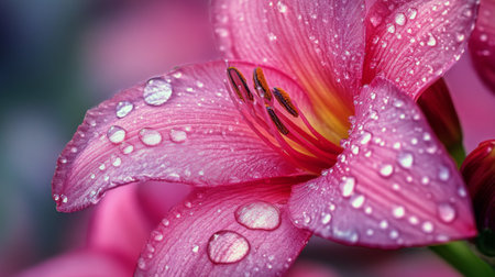A stunning close-up image of a pink flower adorned with water droplets, showcasing its delicate petals and vibrant hues, perfect for nature-themed projects.の素材