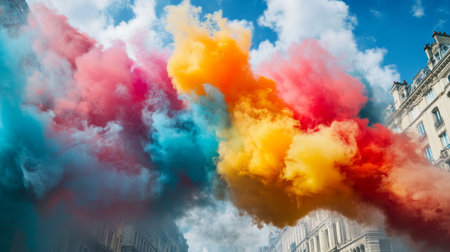 A vibrant explosion of colorful smoke fills an urban street, creating a stunning visual effect. The dramatic clouds of blue, orange, and red evoke a festive atmosphere perfect for creative projects.の素材