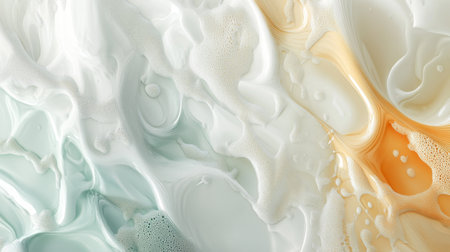 Colorful abstract swirls create a captivating liquid texture ideal for backgrounds. The smooth flow combines shades of cream, aqua, and orange for a serene visual.の素材