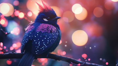 A colorful bird perched on a branch, showcasing vibrant feathers against a mesmerizing bokeh backdrop. Perfect for nature and wildlife themes.の素材