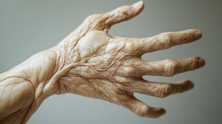 Captivating close-up of an aging hand, showcasing intricate details of skin texture and prominent veins, evoking themes of time, beauty, and human experience.の素材