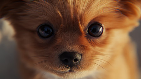 A stunning close-up portrait of a cute puppy with expressive big eyes and fluffy fur. This image showcases the innocence and charm of young dogs, perfect for pet lovers.の素材