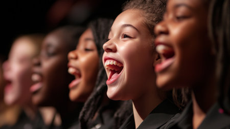 A joyful group of children singing passionately in a choir, showcasing the beauty of diversity and the power of music in bringing people together.の素材