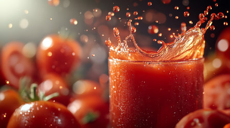 A stunning closeup of fresh tomato juice splashing in a glass, surrounded by vibrant tomatoes, capturing the essence of healthy and delicious beverages.の素材