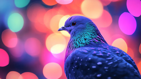 This stunning close-up captures a colorful pigeon, showcasing vibrant feathers against an abstract bokeh background. Ideal for nature and wildlife themes.の素材