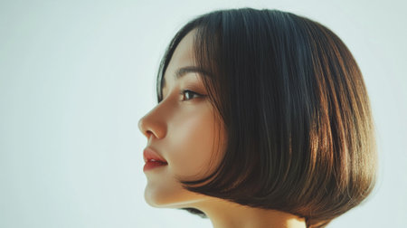 This elegant profile shot captures a woman with smooth skin and a stylish bob haircut. The soft lighting enhances her serene expression in a minimalist setting.の素材