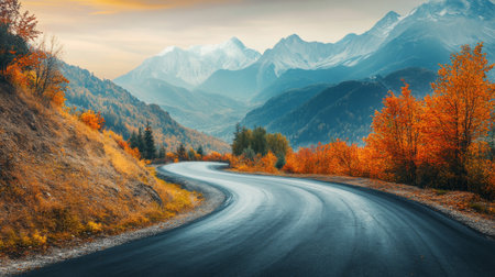 Capture the beauty of autumn with this serene winding road set against majestic mountains. Vibrant foliage and tranquil scenery create a perfect escape.の素材