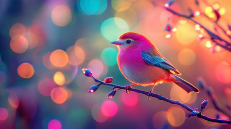 A vibrant bird perched on a branch, surrounded by a soft, colorful bokeh background. The image captures the beauty and tranquility of nature, perfect for nature lovers.の素材