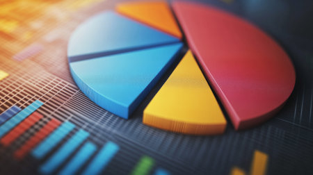 Brightly colored pie chart on a digital background, ideal for data analysis and business presentations. Captures analytics and visualization concepts effectively.の素材
