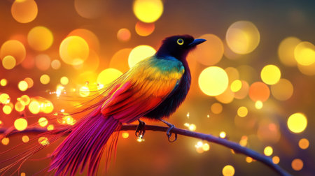 A vibrant bird with stunning colors perched on a branch, surrounded by a dreamy bokeh background that adds a touch of magic and charm to the scene.の素材