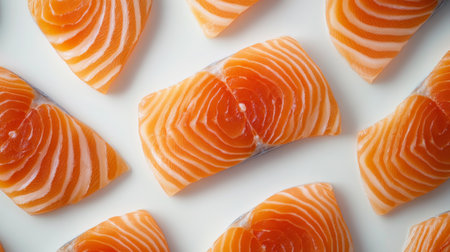High-quality image of fresh salmon fillets arranged on a white background, showcasing their vibrant color and texture, perfect for culinary presentations or food-related projects.の素材