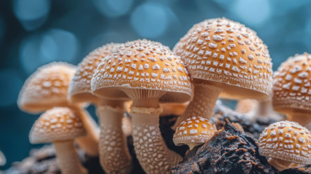 A captivating close-up of delicate orange mushrooms growing on a forest floor, showcasing intricate details and textures in a natural, serene environment.の素材