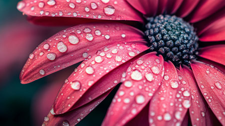 A stunning close-up of a pink flower showcasing vibrant petals adorned with sparkling water droplets, emphasizing nature's beauty and freshness.の素材