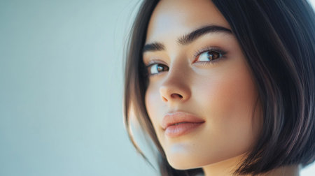 A captivating portrait of a young woman with short dark hair, showcasing her natural beauty and soft expression. The serene gaze highlights elegance and charm.の素材