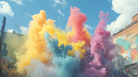 A vibrant explosion of colorful smoke fills the air against a bright blue sky, creating a dynamic and artistic atmosphere perfect for celebrations and festivals.の素材