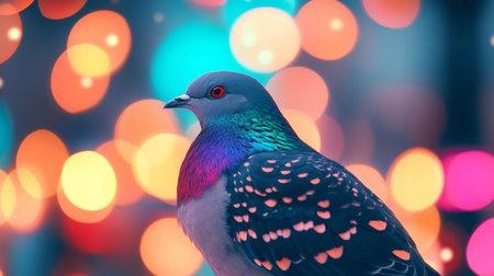 This stunning image captures a colorful pigeon against a blurred bokeh background, highlighting its iridescent feathers and vivid eye detail.の素材