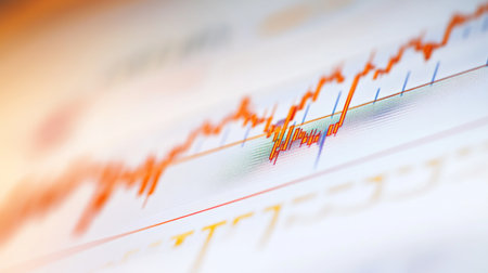 A close-up view of a financial growth chart showcasing trends and data analysis, featuring vivid orange lines that illustrate performance metrics and market fluctuations.の素材