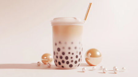 A visually appealing image of creamy bubble tea featuring tapioca pearls and a golden straw, perfect for gourmet food photography and trendy beverage concepts.の素材