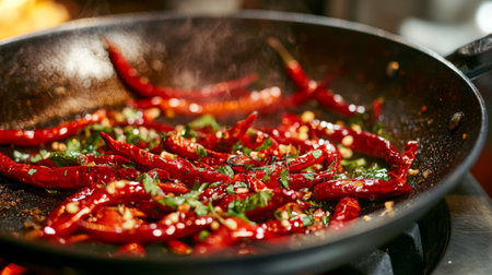 A vibrant scene of cooking red chili peppers in a frying pan, showcasing the rich colors and aromatic herbs, perfect for culinary enthusiasts.の素材