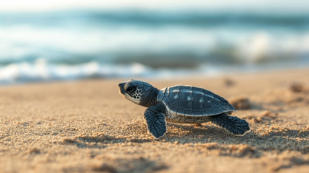 A tiny turtle hatchling makes its way across a sandy beach, symbolizing the beginning of a life journey. The serene ocean waves add to the tranquil scene, showcasing nature's beauty.の素材