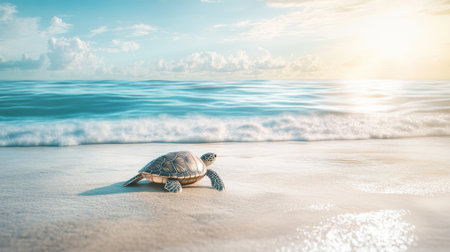 A sea turtle crawls slowly along a sandy beach under a rising sun. The gentle waves lap at the shore, creating a serene and tranquil atmosphere perfect for nature lovers.の素材