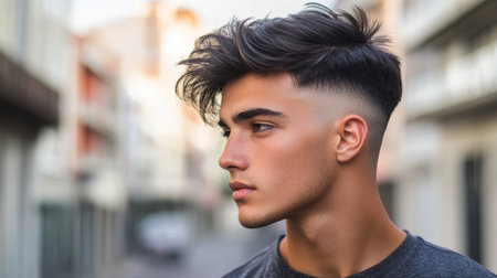 A young man displays a modern hairstyle against an urban backdrop. His confident profile captures a sense of style and youth in a vibrant city environment.の素材