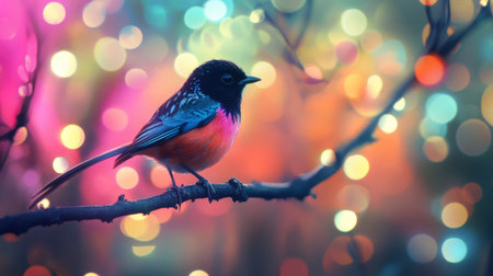 A vibrant bird perched on a branch against a dreamy bokeh background, creating a serene and colorful scene ideal for nature and wildlife enthusiasts.の素材
