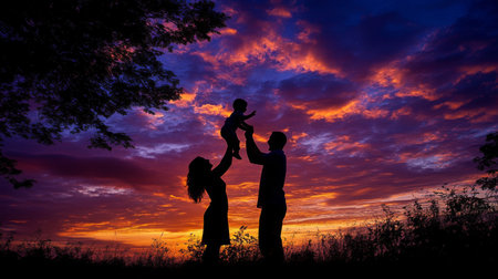 A joyful family silhouette at sunset, capturing a heartwarming moment between parents and their child. The vibrant sky enhances the sense of love and connection.の素材
