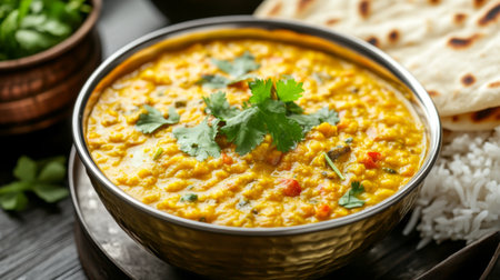 A vibrant bowl of yellow lentil curry garnished with fresh cilantro, served with soft naan and fluffy rice. Perfect for a hearty and healthy meal.の素材