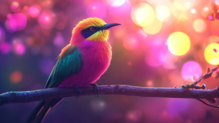 A stunning, vibrant bird perches gracefully on a branch. Its lively feathers showcase a spectrum of colors amidst a dreamy bokeh background, evoking tranquility and beauty in nature.の素材