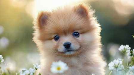 A heartwarming image of a cute Pomeranian puppy surrounded by delicate flowers, capturing the essence of joy and innocence in nature. Ideal for pet lovers and nature enthusiasts.の素材
