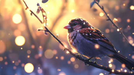 A vibrant bird perches gracefully on a twig, illuminated by soft sunlight and surrounded by sparkling bokeh, capturing a serene moment in nature.の素材