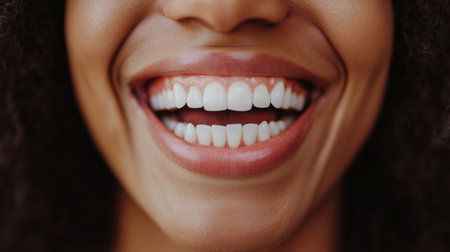 Close-up of a smiling woman showcasing her healthy teeth and joyful expression. This image captures positivity, beauty, and confidence with natural charm.の素材