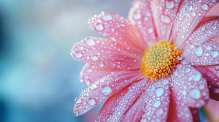 This image features a delicate pink flower adorned with water droplets on its petals, showcasing beauty and freshness in nature's vibrant palette.の素材