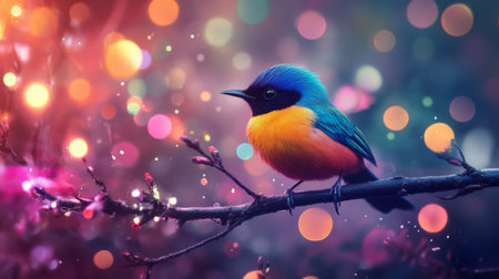 A vibrant bird perched on a twig, surrounded by dreamy bokeh lights. This enchanting image captures the essence of nature's beauty and creativity.の素材