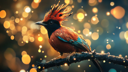 A stunning, colorful bird perches gracefully on a branch, captured against a backdrop of warm, glowing bokeh lights. Perfect for nature enthusiasts.の素材