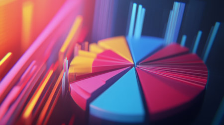Explore a vibrant 3D pie chart illustrating data analysis and visualization. The colorful segments represent various metrics, highlighting trends and insights.の素材
