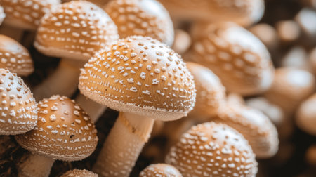 A captivating close-up view of organic mushrooms showcasing their distinct spotted caps, perfect for illustrating themes of nature, food, and health.の素材