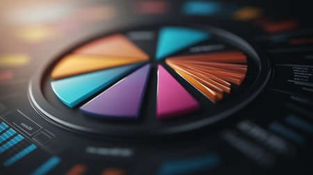 This image showcases a vibrant pie chart on a dark background, perfect for presentations and data analysis. Ideal for business and marketing use.の素材