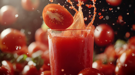 A vibrant display of fresh tomatoes splashing into a glass of tomato juice, illustrating a refreshing and healthy beverage option. Perfect for food and beverage themes.の素材