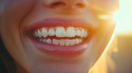 A close-up of a woman smiling brightly in sunlight, showcasing her healthy teeth and joyful expression. The warm glow captures a moment of happiness and positivity.の素材