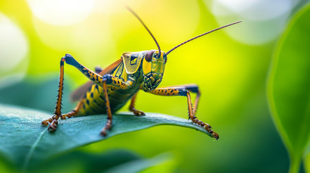A stunning close-up photograph of a grasshopper resting on a lush green leaf, showcasing intricate details and vibrant colors in a tranquil natural setting.の素材