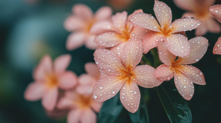 Beautiful close-up of delicate pink flowers adorned with water droplets, showcasing nature's elegance. Perfect for designs capturing freshness and tranquility.の素材